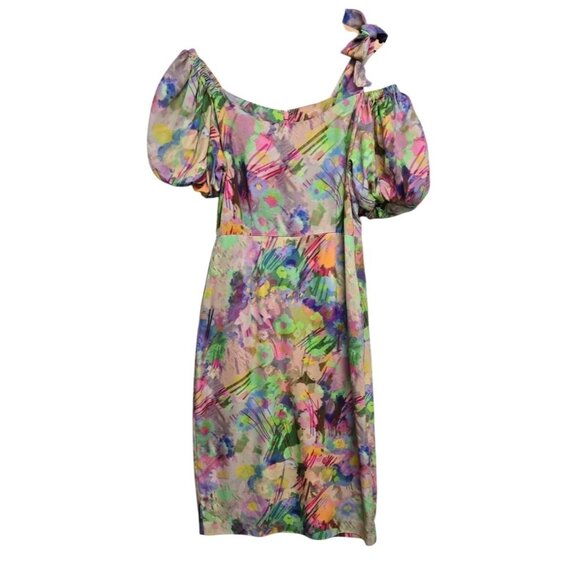 Plenty by Tracy Reese Womens Small  Floral Sheath Dress Off Shoulder Puff Sleeve - Picture 2 of 8